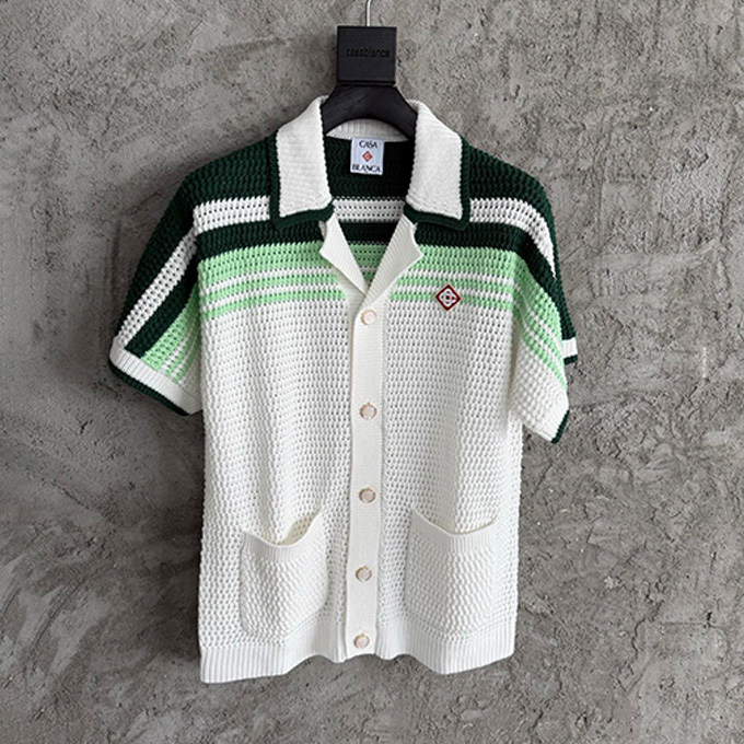casablanca green striped crochet knit camp collar short sleeve shirt